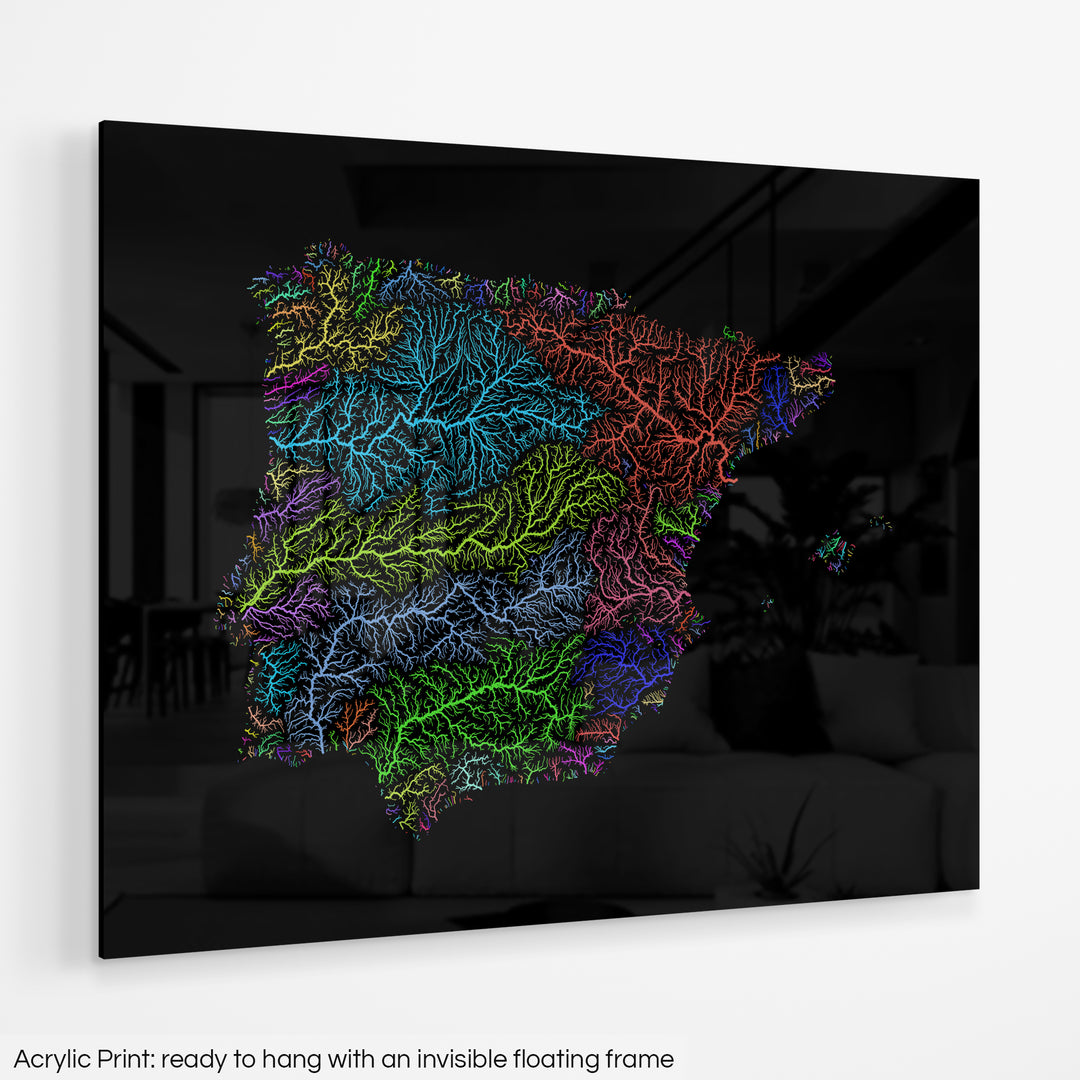 A colourful Grasshopper Geography map hanging on a white wall. The text at the bottom reads: Acrylic print - ready to hang with an invisible floating frame.