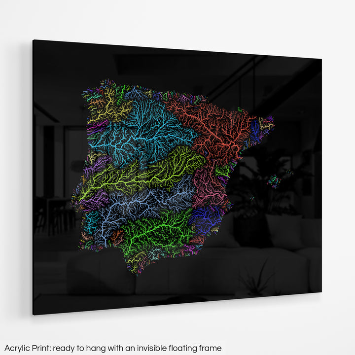 A colourful Grasshopper Geography map hanging on a white wall. The text at the bottom reads: Acrylic print - ready to hang with an invisible floating frame.
