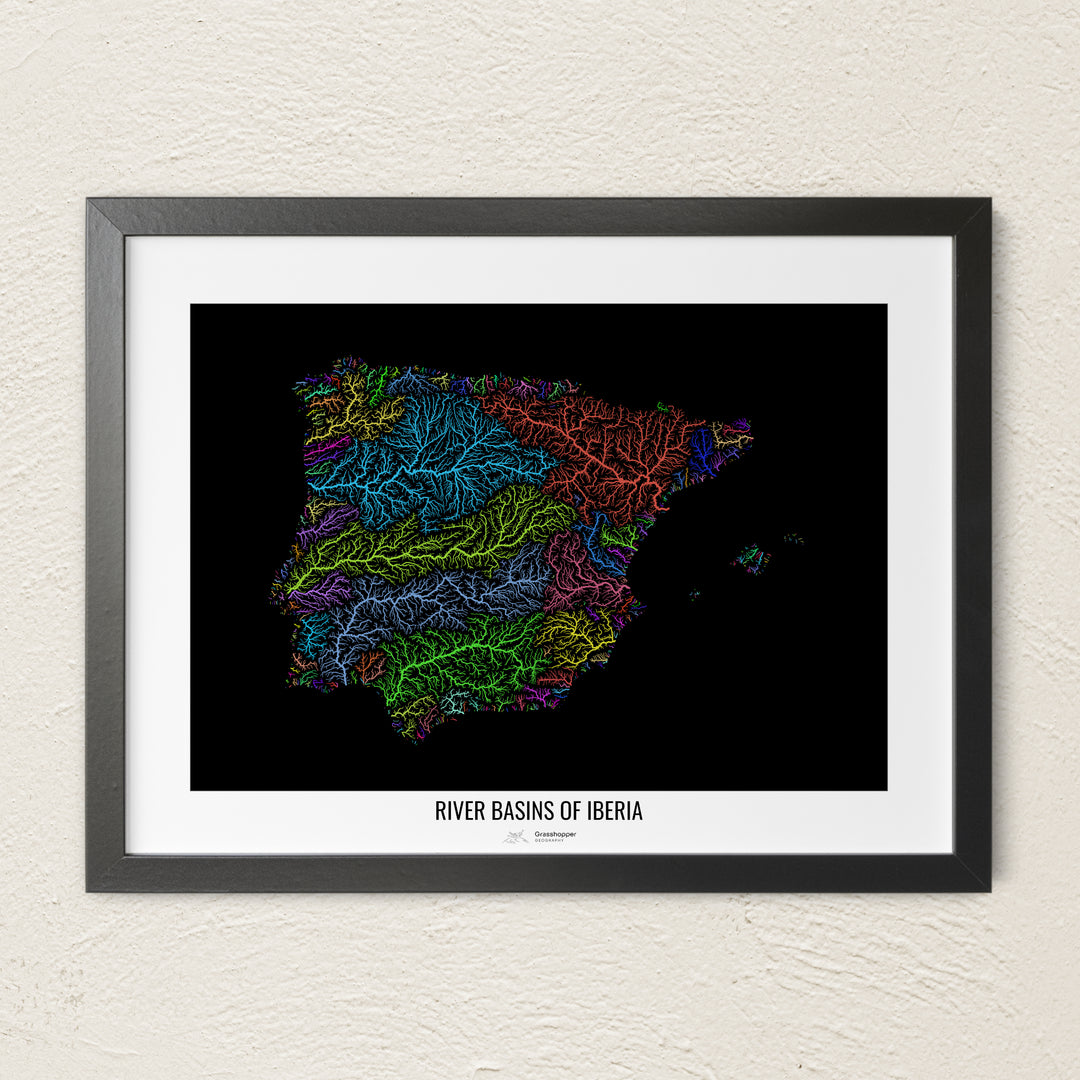 A colorful Grasshopper Geography river map on a light wall. The premium fine art poster is in a black frame with a white border. The name of the country, continent or region is printed under the image.