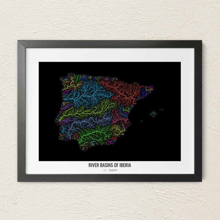 A colorful Grasshopper Geography river map on a light wall. The premium fine art poster is in a black frame with a white border. The name of the country, continent or region is printed under the image.