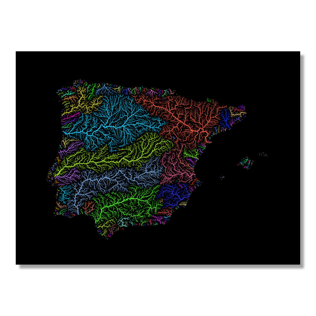 Iberia - River basin map, rainbow colours - Wall Art by Grasshopper Geography. Image of a high-resolution map created by geographer Robert Szucs, available as wall art and for licensing.