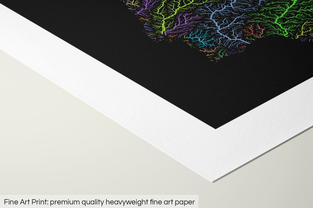 Closeup of a fine art print's corner lying on a flat surface, the details of a Grasshopper Geography map is visible. The text at the bottom reads: Fine art print - premium quality heavyweight fine art paper.