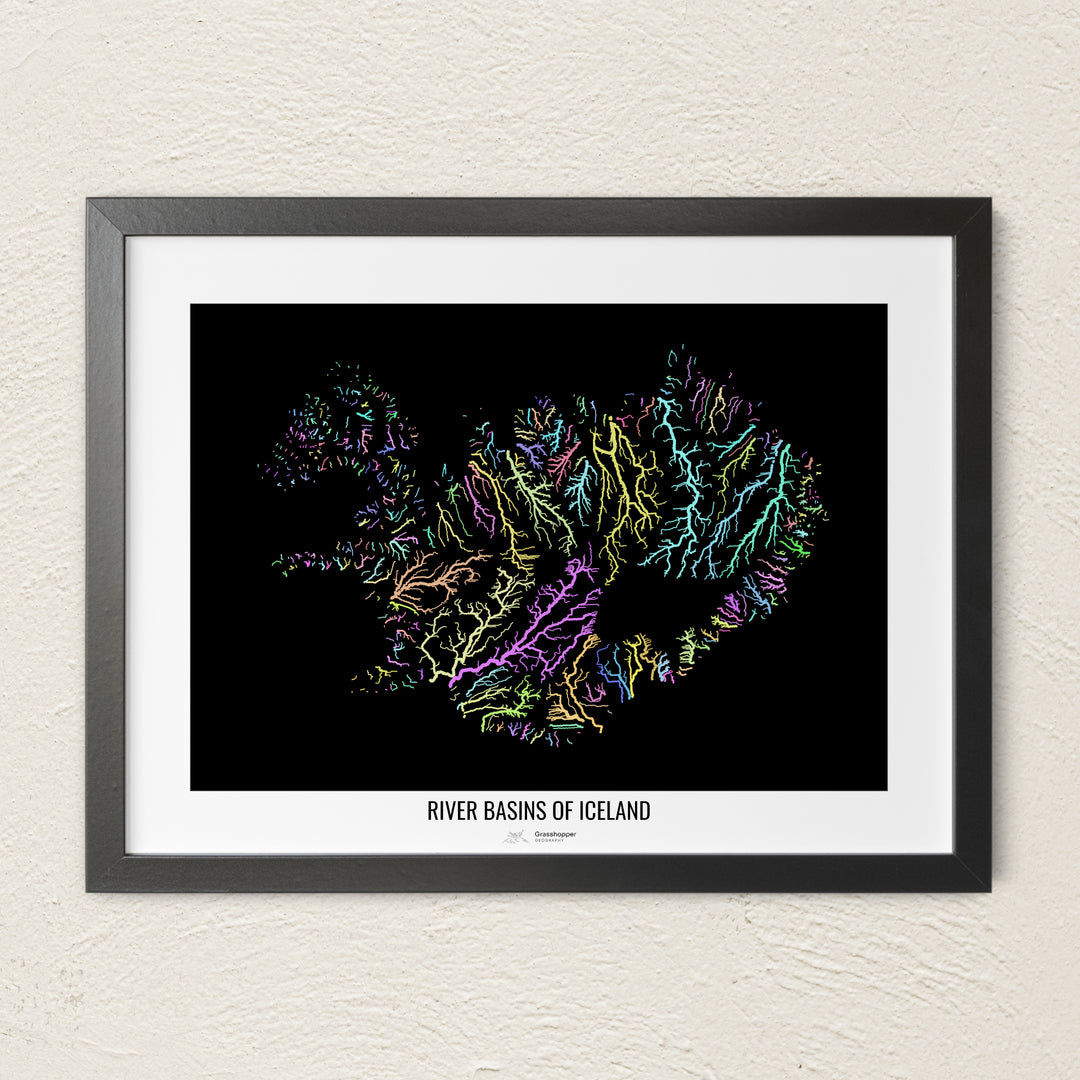 A colorful Grasshopper Geography river map on a light wall. The premium fine art poster is in a black frame with a white border. The name of the country, continent or region is printed under the image.