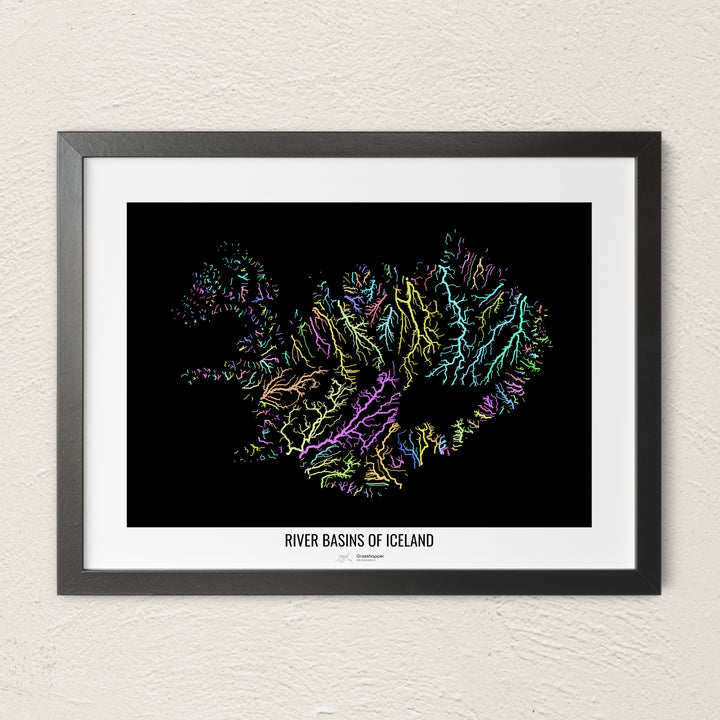 A colorful Grasshopper Geography river map on a light wall. The premium fine art poster is in a black frame with a white border. The name of the country, continent or region is printed under the image.