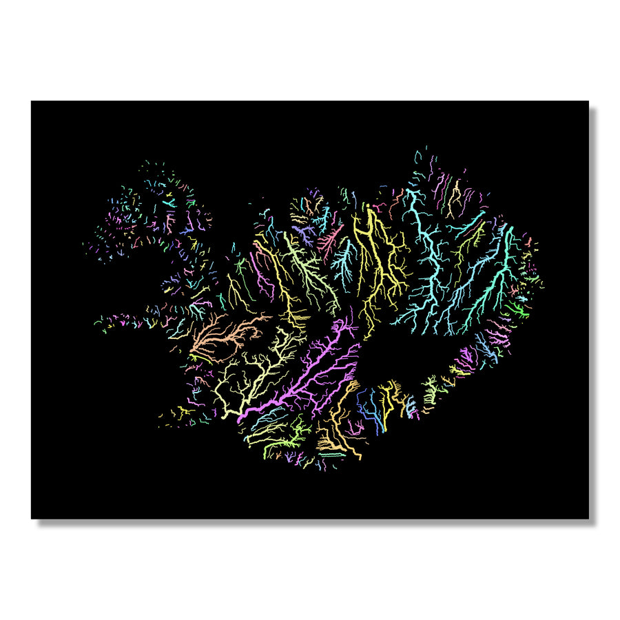 Iceland - River basin map, pastel colours - Wall Art by Grasshopper Geography. Image of a high-resolution map created by geographer Robert Szucs, available as wall art and for licensing.