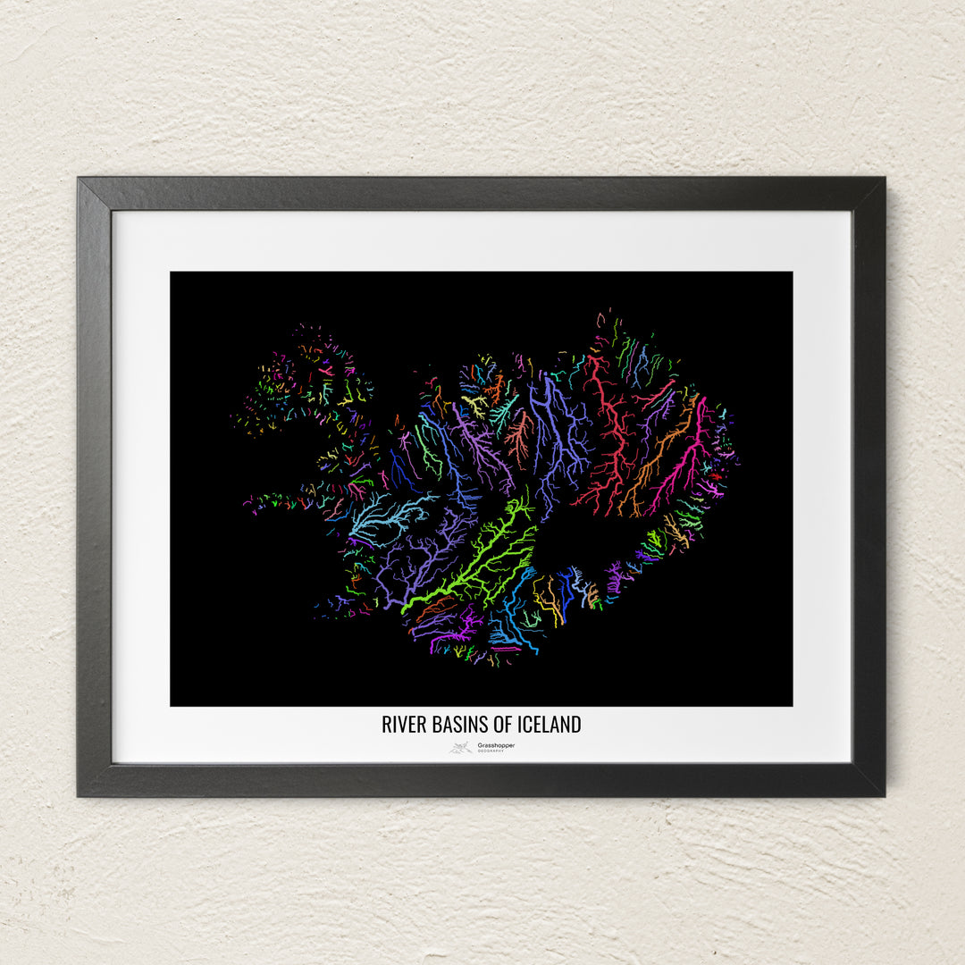 A colorful Grasshopper Geography river map on a light wall. The premium fine art poster is in a black frame with a white border. The name of the country, continent or region is printed under the image.