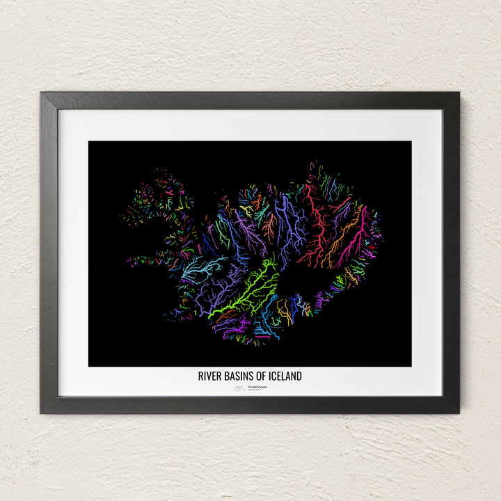A colorful Grasshopper Geography river map on a light wall. The premium fine art poster is in a black frame with a white border. The name of the country, continent or region is printed under the image.