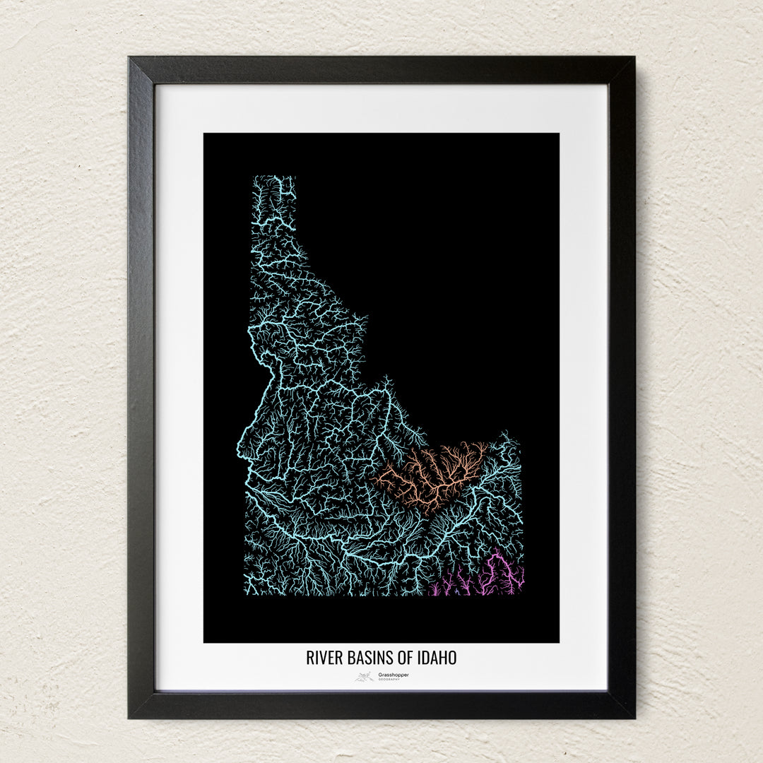 A colorful Grasshopper Geography river map on a light wall. The premium fine art poster is in a black frame with a white border. The name of the country, continent or region is printed under the image.