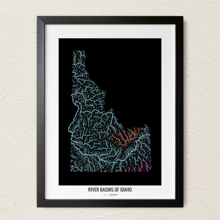 A colorful Grasshopper Geography river map on a light wall. The premium fine art poster is in a black frame with a white border. The name of the country, continent or region is printed under the image.