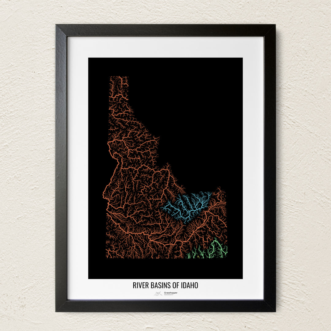 A colorful Grasshopper Geography river map on a light wall. The premium fine art poster is in a black frame with a white border. The name of the country, continent or region is printed under the image.