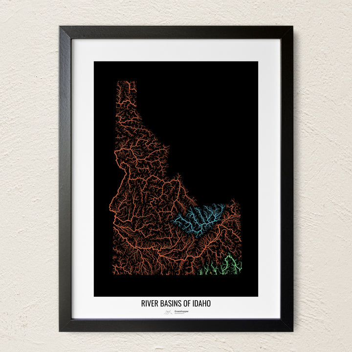 A colorful Grasshopper Geography river map on a light wall. The premium fine art poster is in a black frame with a white border. The name of the country, continent or region is printed under the image.