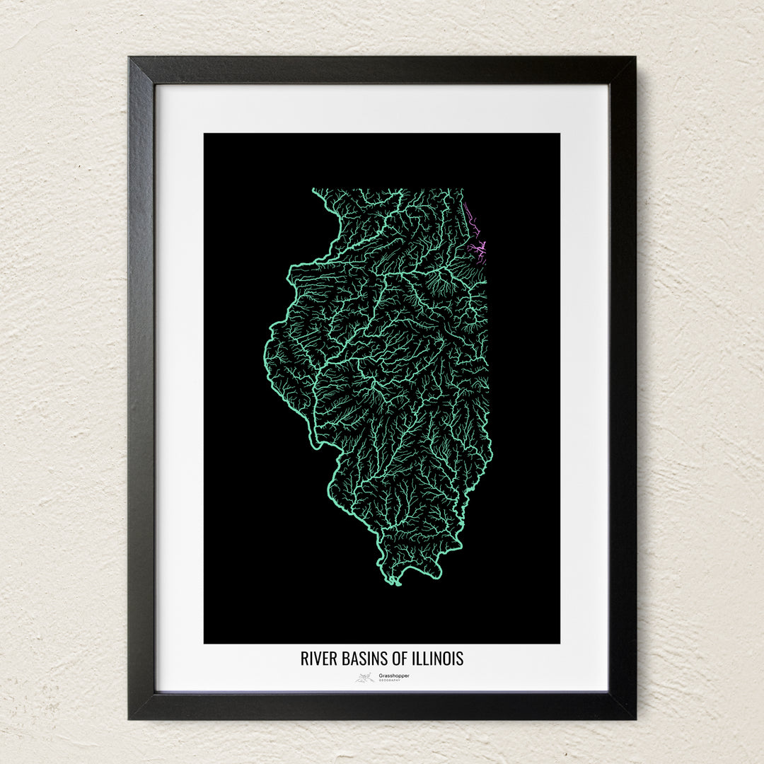 A colorful Grasshopper Geography river map on a light wall. The premium fine art poster is in a black frame with a white border. The name of the country, continent or region is printed under the image.