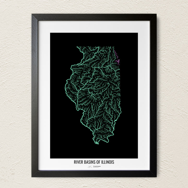 A colorful Grasshopper Geography river map on a light wall. The premium fine art poster is in a black frame with a white border. The name of the country, continent or region is printed under the image.
