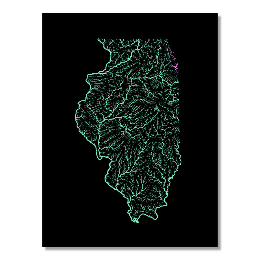 Illinois - River basin map, pastel colours - Wall Art by Grasshopper Geography. Image of a high-resolution map created by geographer Robert Szucs, available as wall art and for licensing.