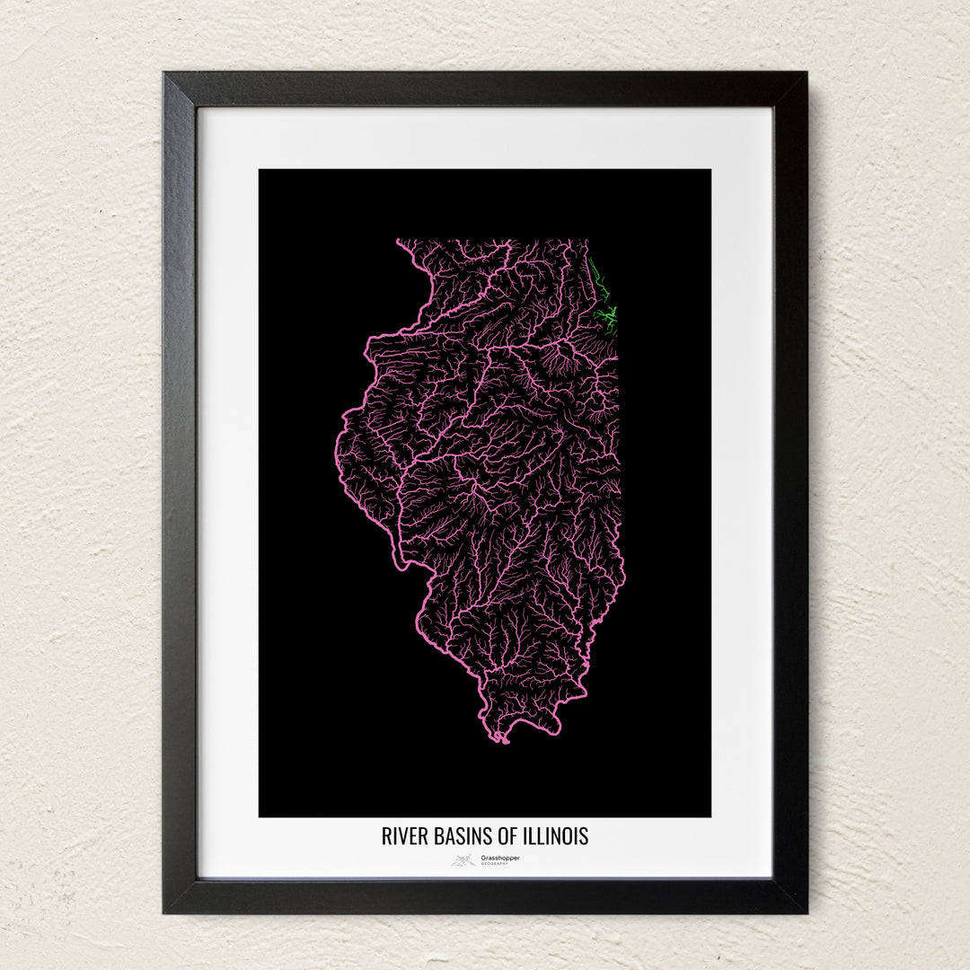 A colorful Grasshopper Geography river map on a light wall. The premium fine art poster is in a black frame with a white border. The name of the country, continent or region is printed under the image.
