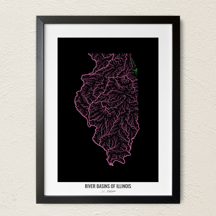 A colorful Grasshopper Geography river map on a light wall. The premium fine art poster is in a black frame with a white border. The name of the country, continent or region is printed under the image.