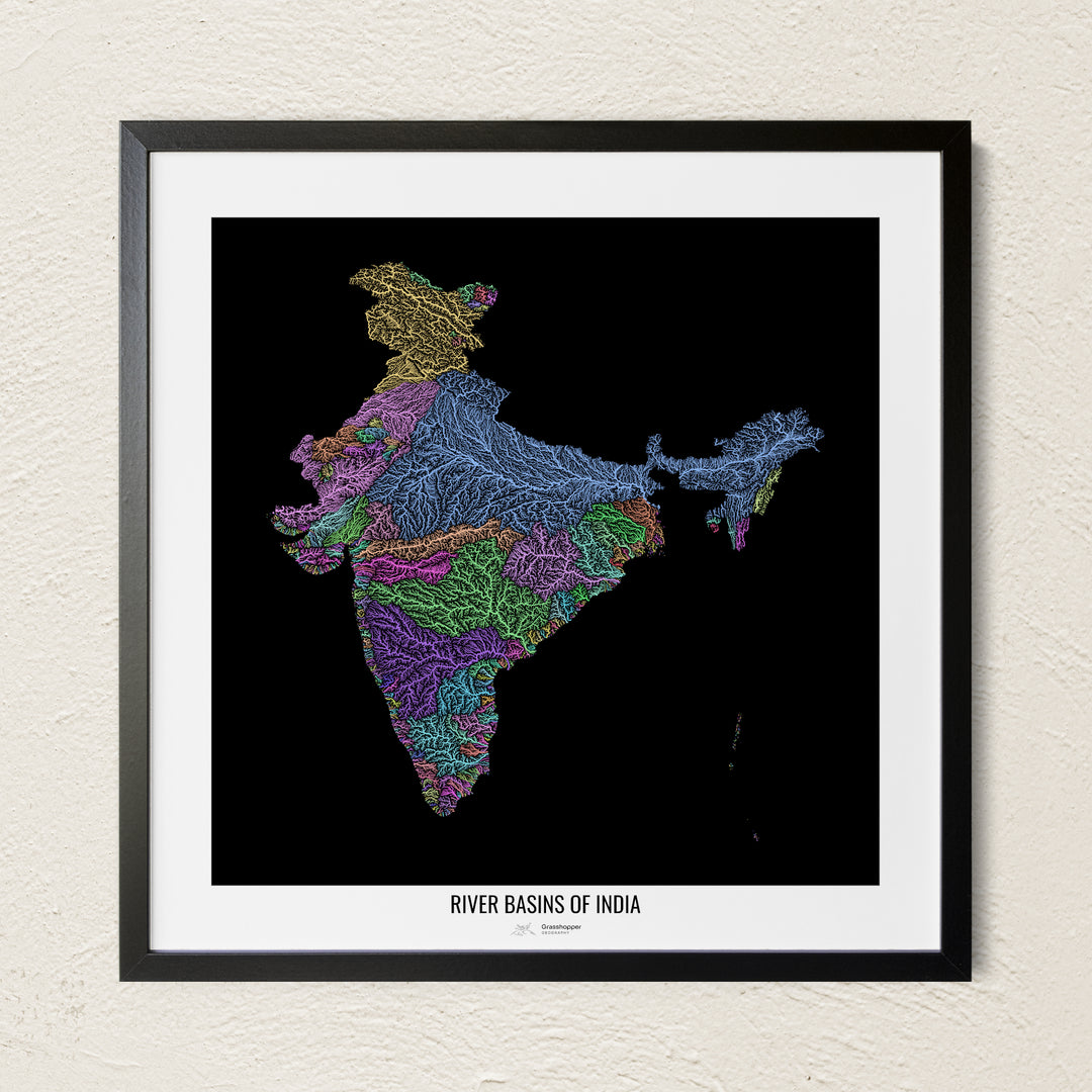 A colorful Grasshopper Geography river map on a light wall. The premium fine art poster is in a black frame with a white border. The name of the country, continent or region is printed under the image.