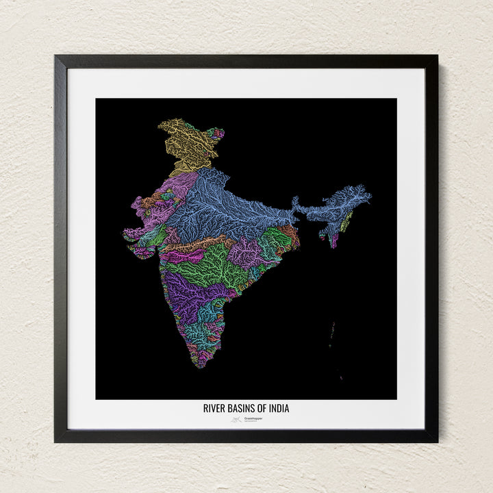 A colorful Grasshopper Geography river map on a light wall. The premium fine art poster is in a black frame with a white border. The name of the country, continent or region is printed under the image.