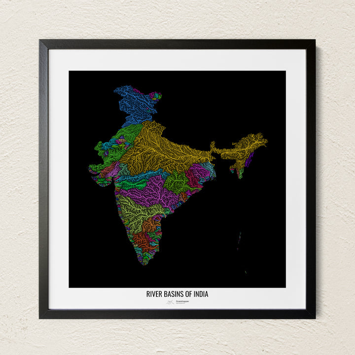 A colorful Grasshopper Geography river map on a light wall. The premium fine art poster is in a black frame with a white border. The name of the country, continent or region is printed under the image.