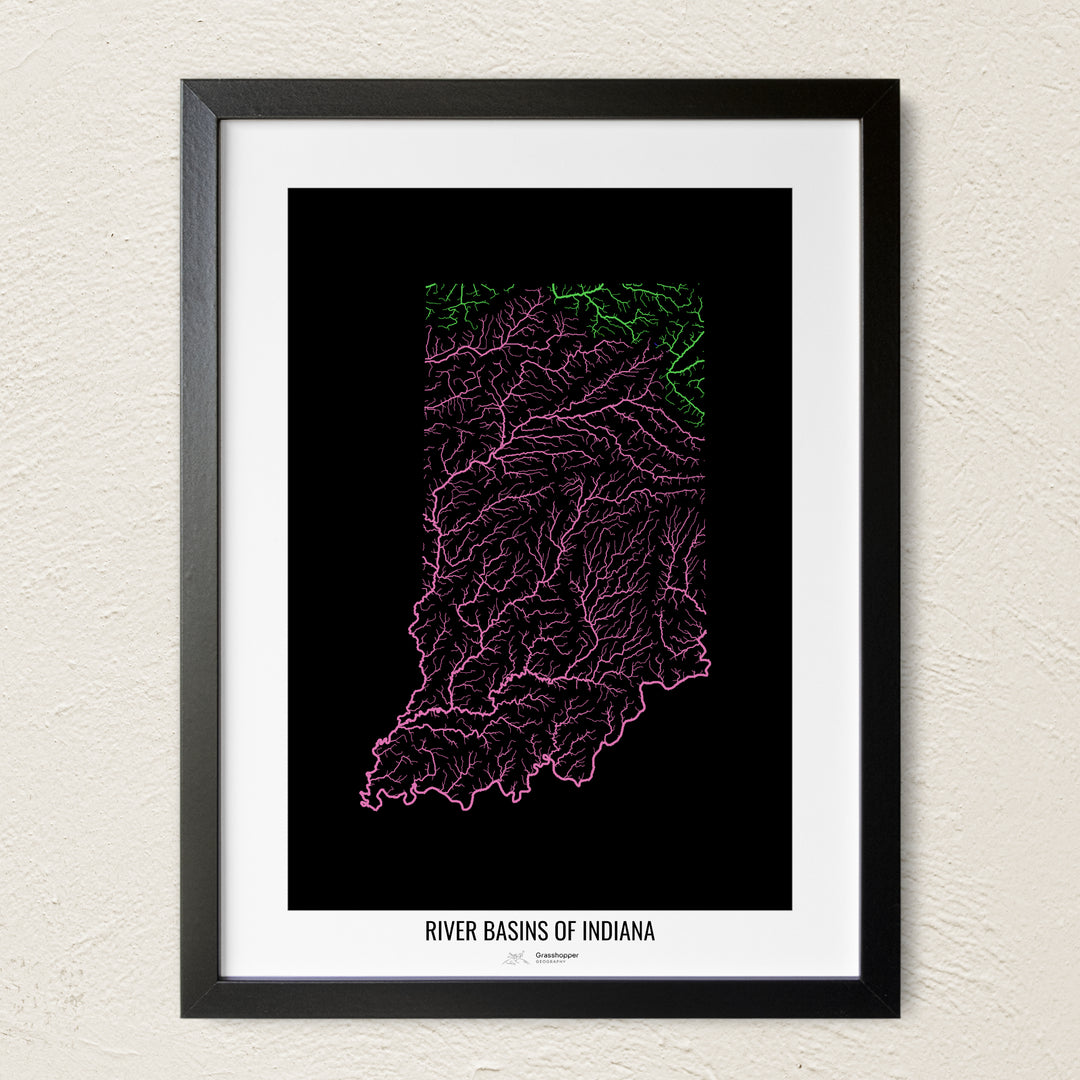 A colorful Grasshopper Geography river map on a light wall. The premium fine art poster is in a black frame with a white border. The name of the country, continent or region is printed under the image.