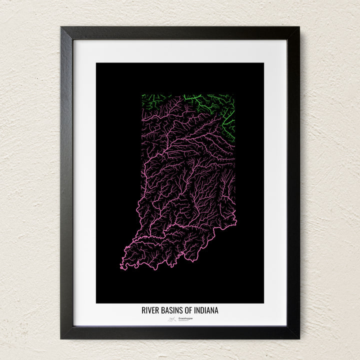 A colorful Grasshopper Geography river map on a light wall. The premium fine art poster is in a black frame with a white border. The name of the country, continent or region is printed under the image.