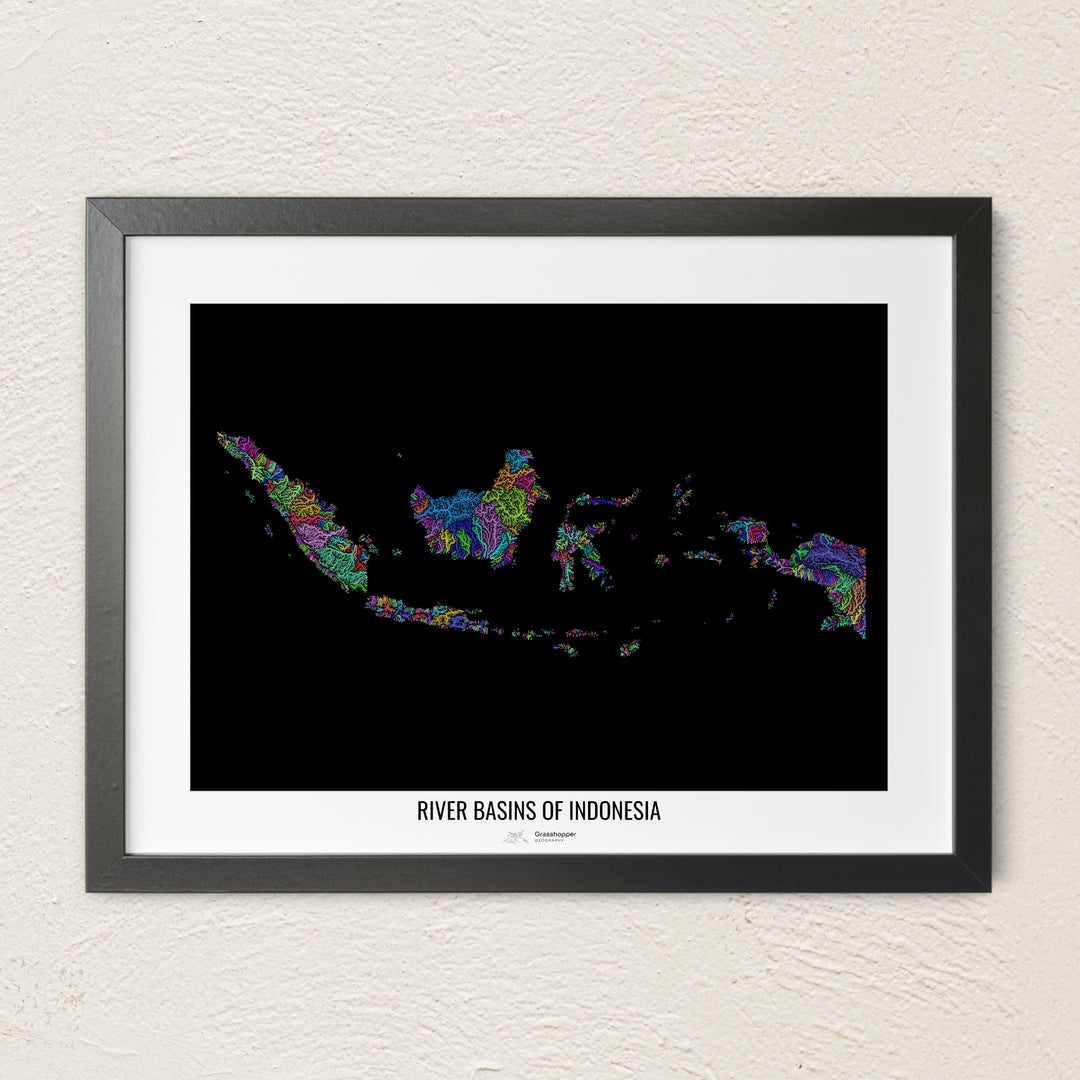 A colorful Grasshopper Geography river map on a light wall. The premium fine art poster is in a black frame with a white border. The name of the country, continent or region is printed under the image.