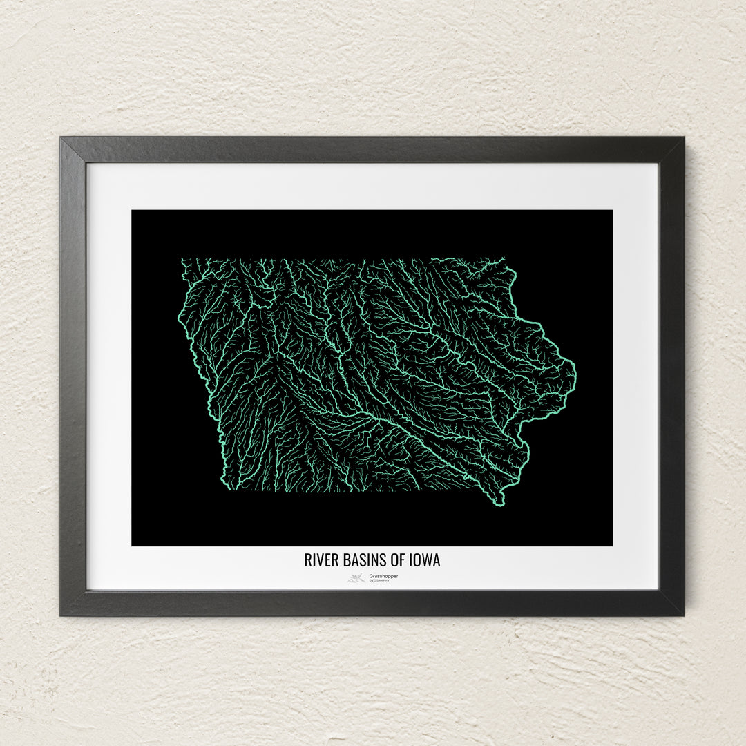 A colorful Grasshopper Geography river map on a light wall. The premium fine art poster is in a black frame with a white border. The name of the country, continent or region is printed under the image.