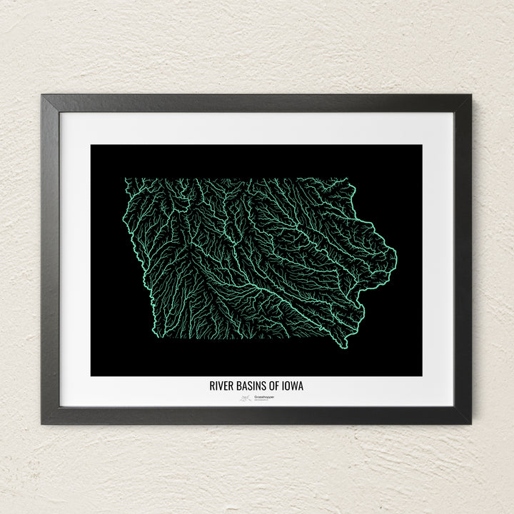 A colorful Grasshopper Geography river map on a light wall. The premium fine art poster is in a black frame with a white border. The name of the country, continent or region is printed under the image.
