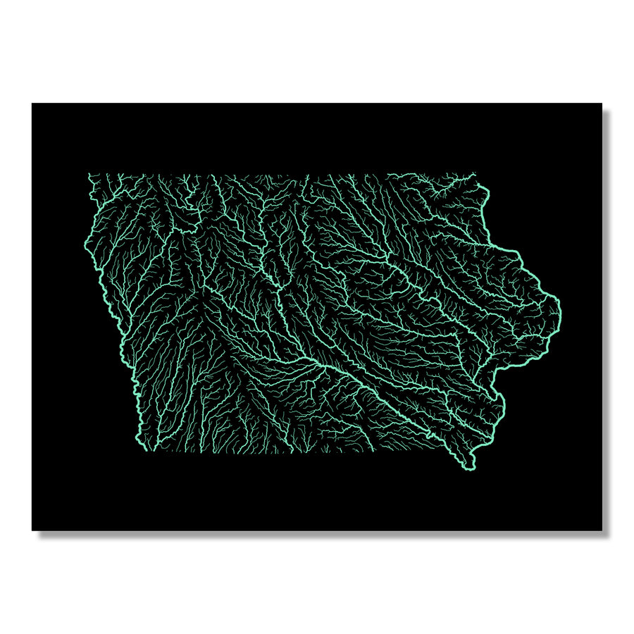Iowa - River basin map, pastel colours - Wall Art by Grasshopper Geography. Image of a high-resolution map created by geographer Robert Szucs, available as wall art and for licensing.