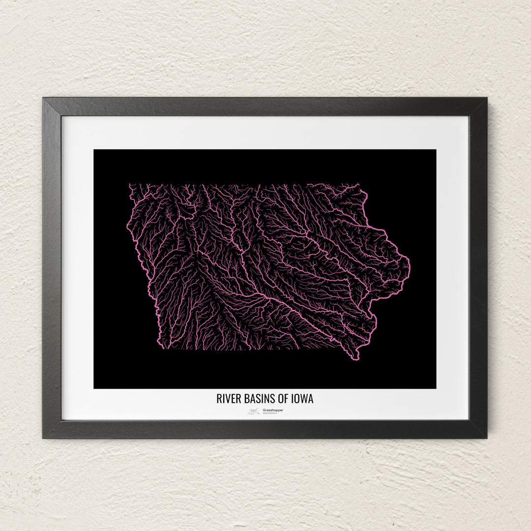 A colorful Grasshopper Geography river map on a light wall. The premium fine art poster is in a black frame with a white border. The name of the country, continent or region is printed under the image.