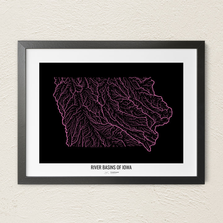 A colorful Grasshopper Geography river map on a light wall. The premium fine art poster is in a black frame with a white border. The name of the country, continent or region is printed under the image.