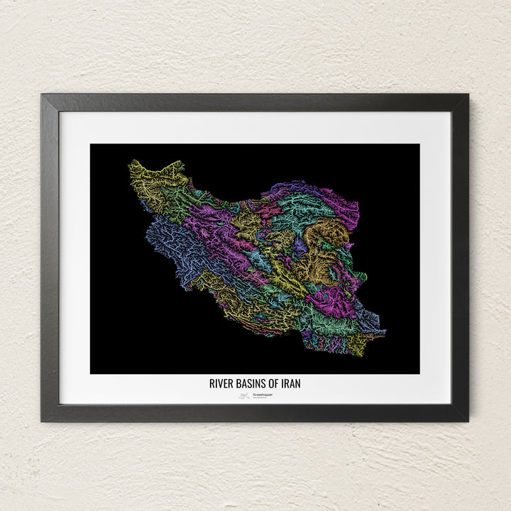 A colorful Grasshopper Geography river map on a light wall. The premium fine art poster is in a black frame with a white border. The name of the country, continent or region is printed under the image.