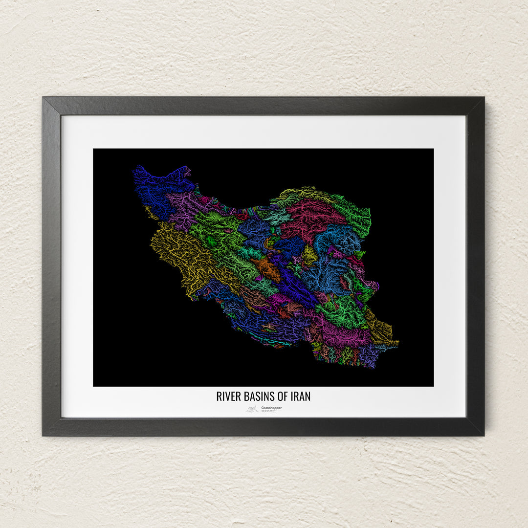 A colorful Grasshopper Geography river map on a light wall. The premium fine art poster is in a black frame with a white border. The name of the country, continent or region is printed under the image.