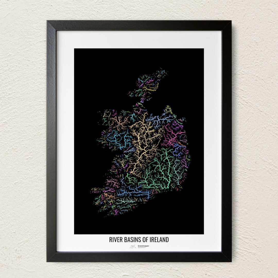 A colorful Grasshopper Geography river map on a light wall. The premium fine art poster is in a black frame with a white border. The name of the country, continent or region is printed under the image.