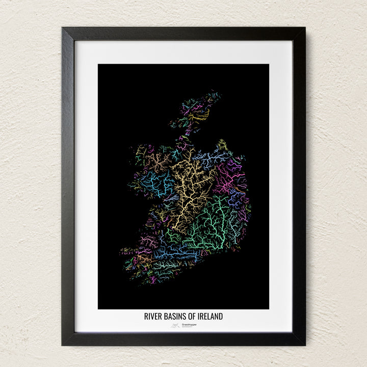 A colorful Grasshopper Geography river map on a light wall. The premium fine art poster is in a black frame with a white border. The name of the country, continent or region is printed under the image.