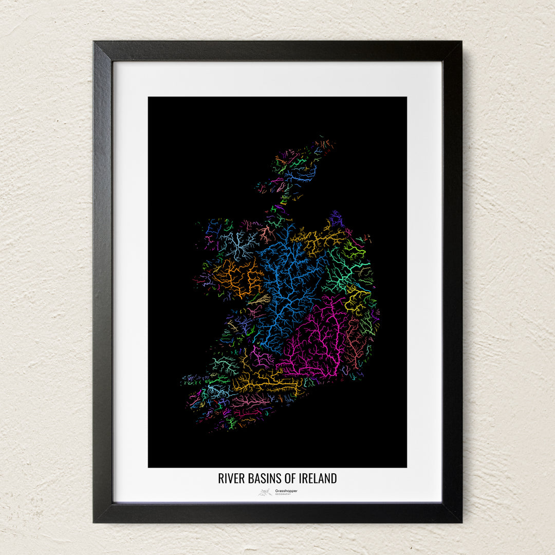 A colorful Grasshopper Geography river map on a light wall. The premium fine art poster is in a black frame with a white border. The name of the country, continent or region is printed under the image.
