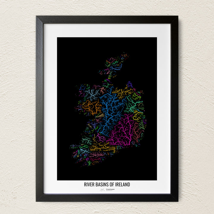 A colorful Grasshopper Geography river map on a light wall. The premium fine art poster is in a black frame with a white border. The name of the country, continent or region is printed under the image.