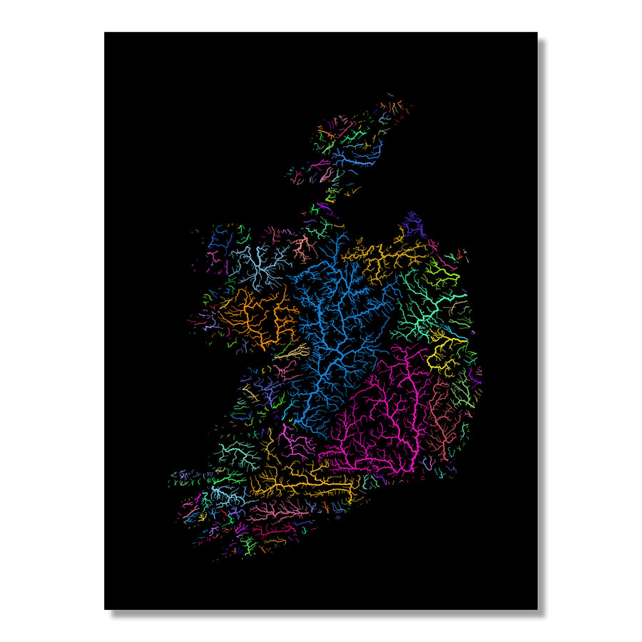 Ireland - River basin map, rainbow colours - Wall Art by Grasshopper Geography. Image of a high-resolution map created by geographer Robert Szucs, available as wall art and for licensing.