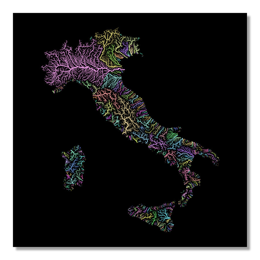 Italy - River basin map, pastel colours - Wall Art by Grasshopper Geography. Image of a high-resolution map created by geographer Robert Szucs, available as wall art and for licensing.