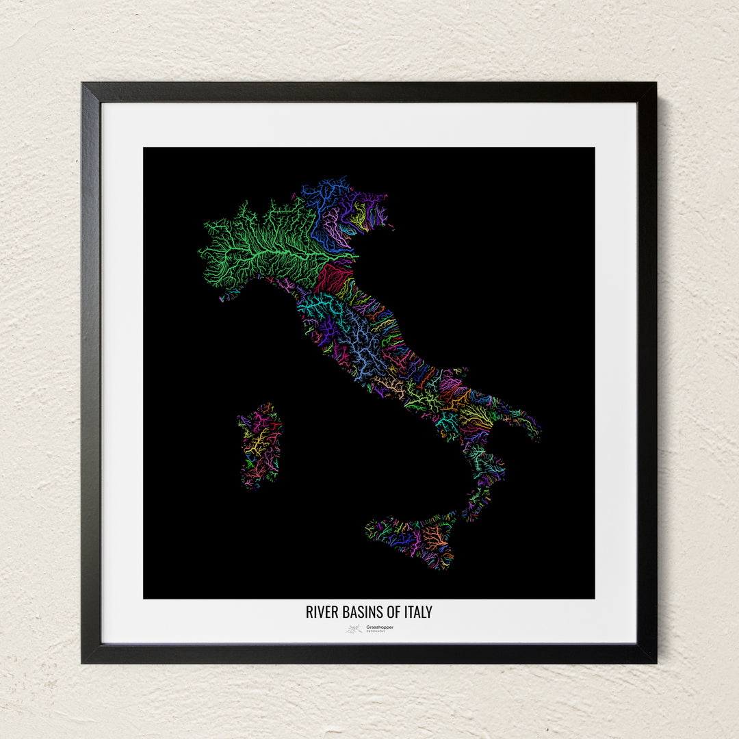 A colorful Grasshopper Geography river map on a light wall. The premium fine art poster is in a black frame with a white border. The name of the country, continent or region is printed under the image.