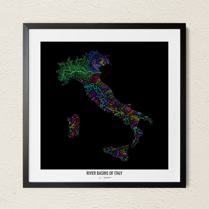 A colorful Grasshopper Geography river map on a light wall. The premium fine art poster is in a black frame with a white border. The name of the country, continent or region is printed under the image.