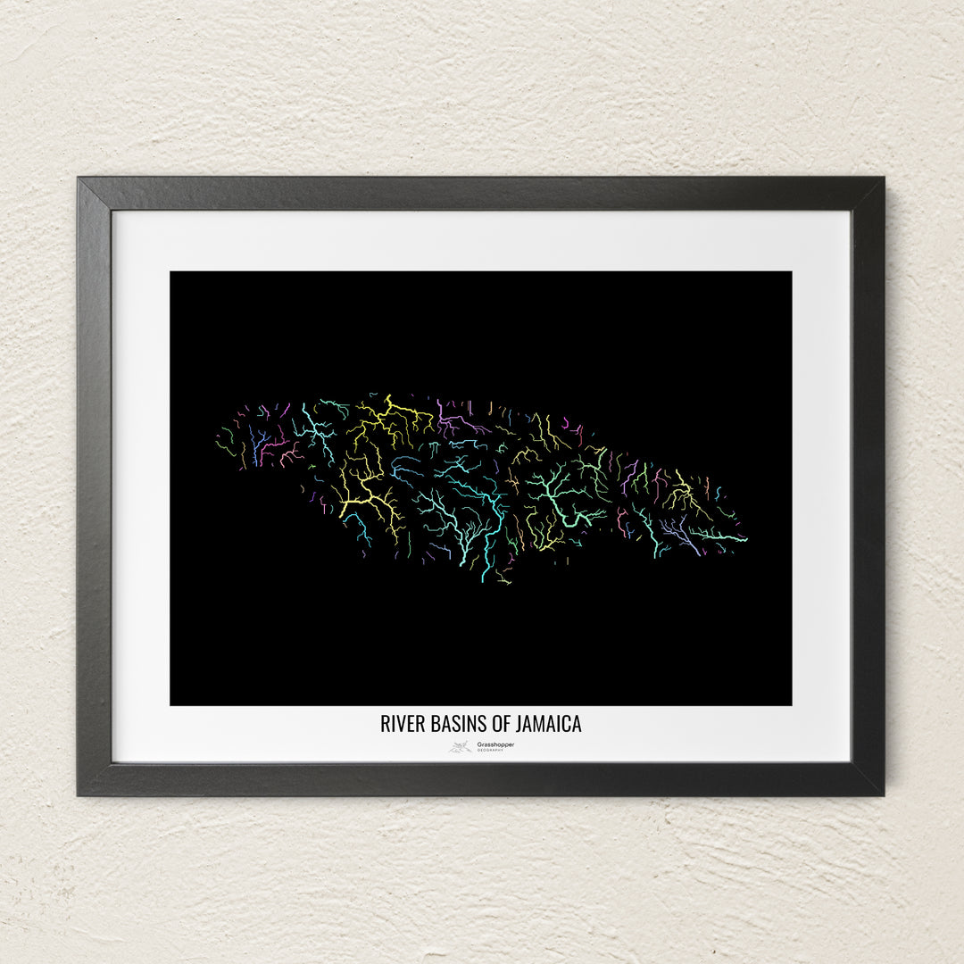 A colorful Grasshopper Geography river map on a light wall. The premium fine art poster is in a black frame with a white border. The name of the country, continent or region is printed under the image.