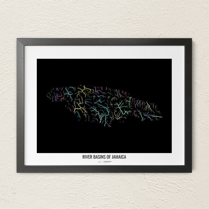 A colorful Grasshopper Geography river map on a light wall. The premium fine art poster is in a black frame with a white border. The name of the country, continent or region is printed under the image.