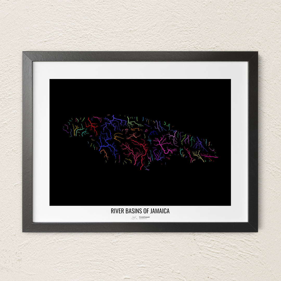 A colorful Grasshopper Geography river map on a light wall. The premium fine art poster is in a black frame with a white border. The name of the country, continent or region is printed under the image.