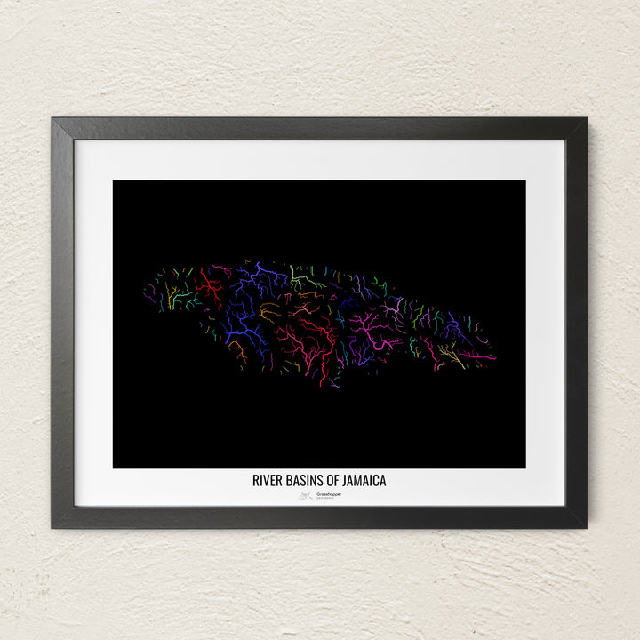 A colorful Grasshopper Geography river map on a light wall. The premium fine art poster is in a black frame with a white border. The name of the country, continent or region is printed under the image.