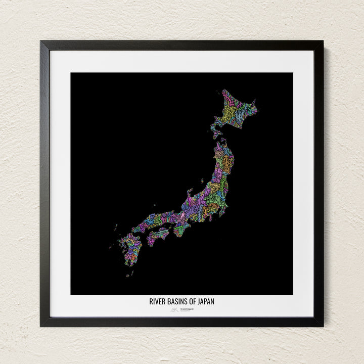 A colorful Grasshopper Geography river map on a light wall. The premium fine art poster is in a black frame with a white border. The name of the country, continent or region is printed under the image.