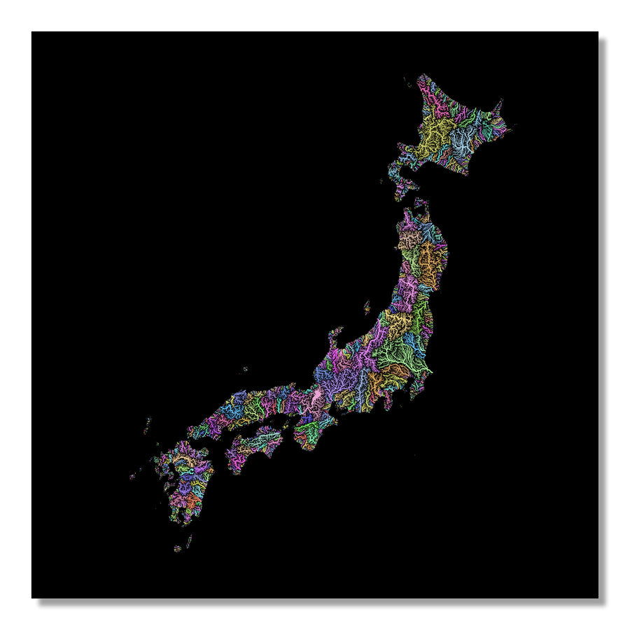 Japan - River basin map, pastel colours - Wall Art by Grasshopper Geography. Image of a high-resolution map created by geographer Robert Szucs, available as wall art and for licensing.