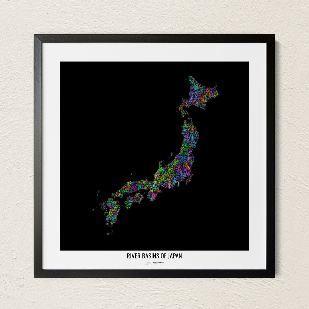 A colorful Grasshopper Geography river map on a light wall. The premium fine art poster is in a black frame with a white border. The name of the country, continent or region is printed under the image.