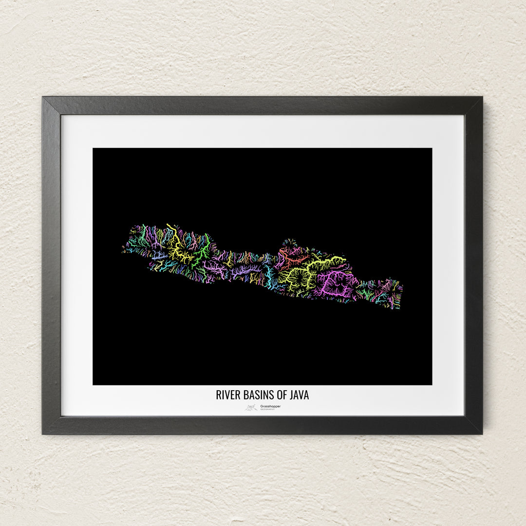 A colorful Grasshopper Geography river map on a light wall. The premium fine art poster is in a black frame with a white border. The name of the country, continent or region is printed under the image.