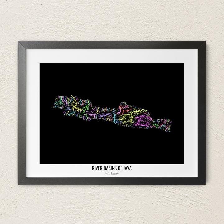 A colorful Grasshopper Geography river map on a light wall. The premium fine art poster is in a black frame with a white border. The name of the country, continent or region is printed under the image.